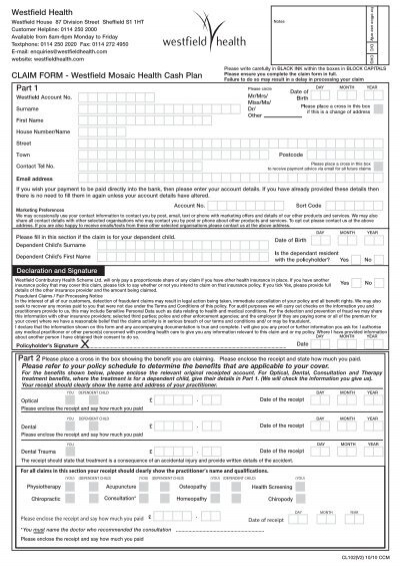 CLAIM FORM Westfield Mosaic Health Cash Plan Westfield Health