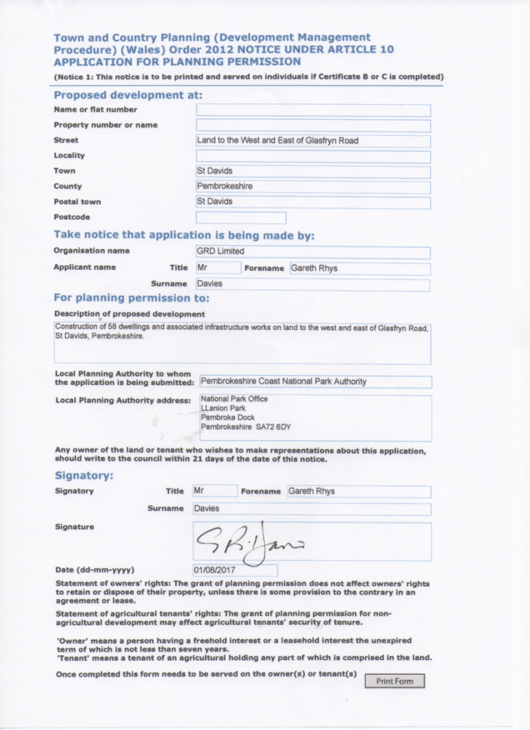 Completed Landowners Notice Form St Davids City Council