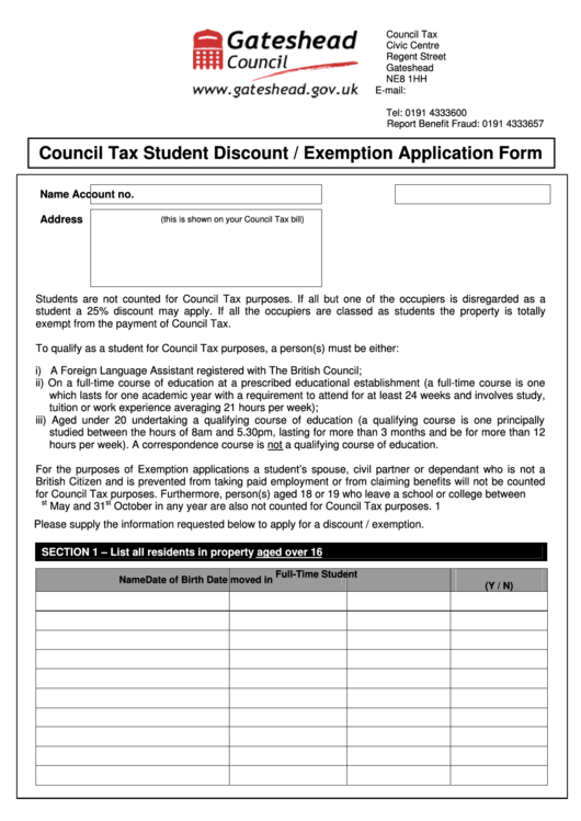 Council Tax Student Discount Exemption Application Form Gateshead