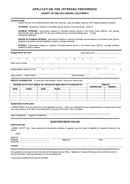 County Of San Luis Obispo Veterans Preference Form Printable Pdf Download