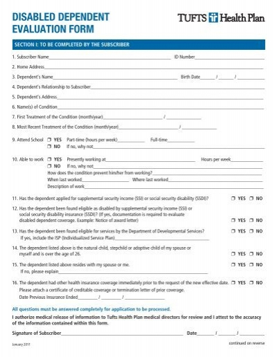 DISABLED DEPENDENT EVALUATION FORM Tufts Health Plan