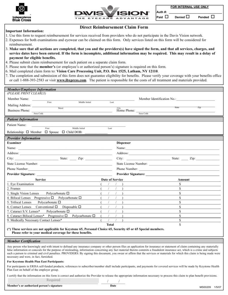 Download Davis Vision Claim Form PDF FreeDownloads