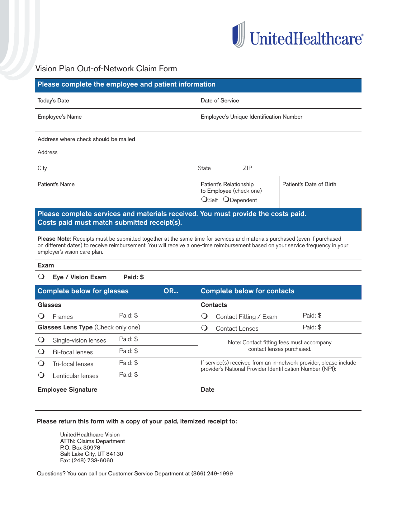 Download United Healthcare Vision Claim Form PDF FreeDownloads