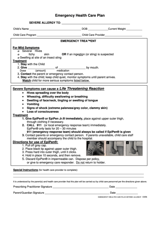 Emergency Health Care Plan Form Printable Pdf Download