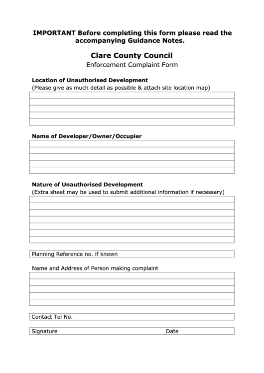 Enforcement Complaint Form Clare County Council Printable Pdf Download