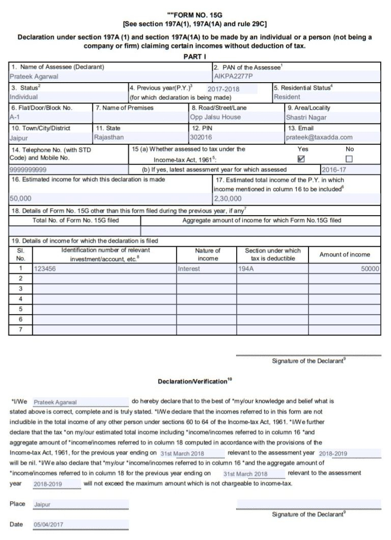 EPF Form15G PDF Claim PF Withdrawal Filled Sample