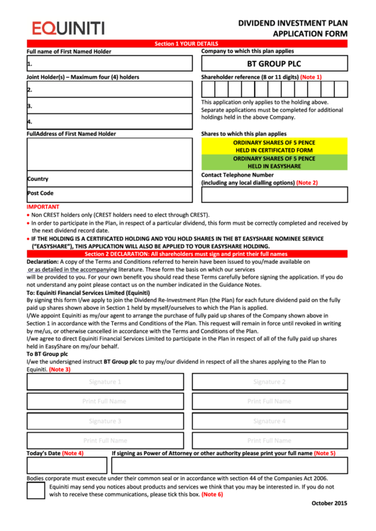 Equiniti Dividend Investment Plan Application Form Bt Group Printable 