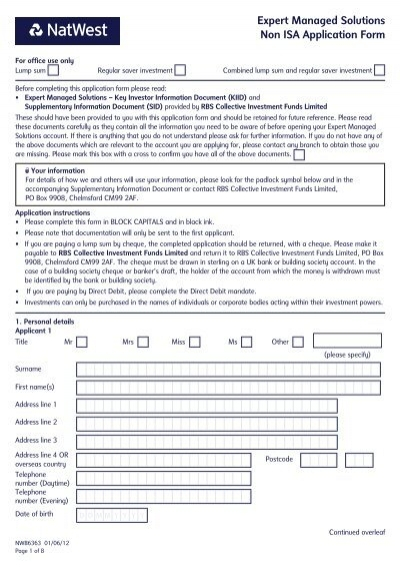 Expert Managed Solutions Non ISA Application Form NatWest