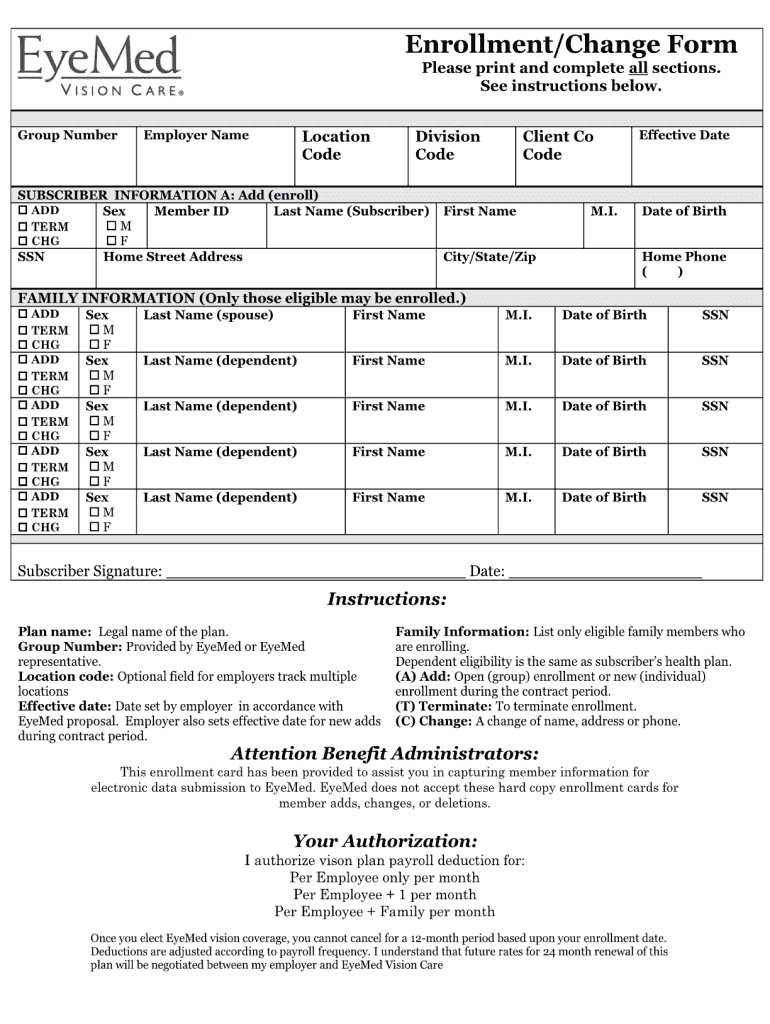 Eyemed Enrollment Form Fill Online Printable Fillable Blank