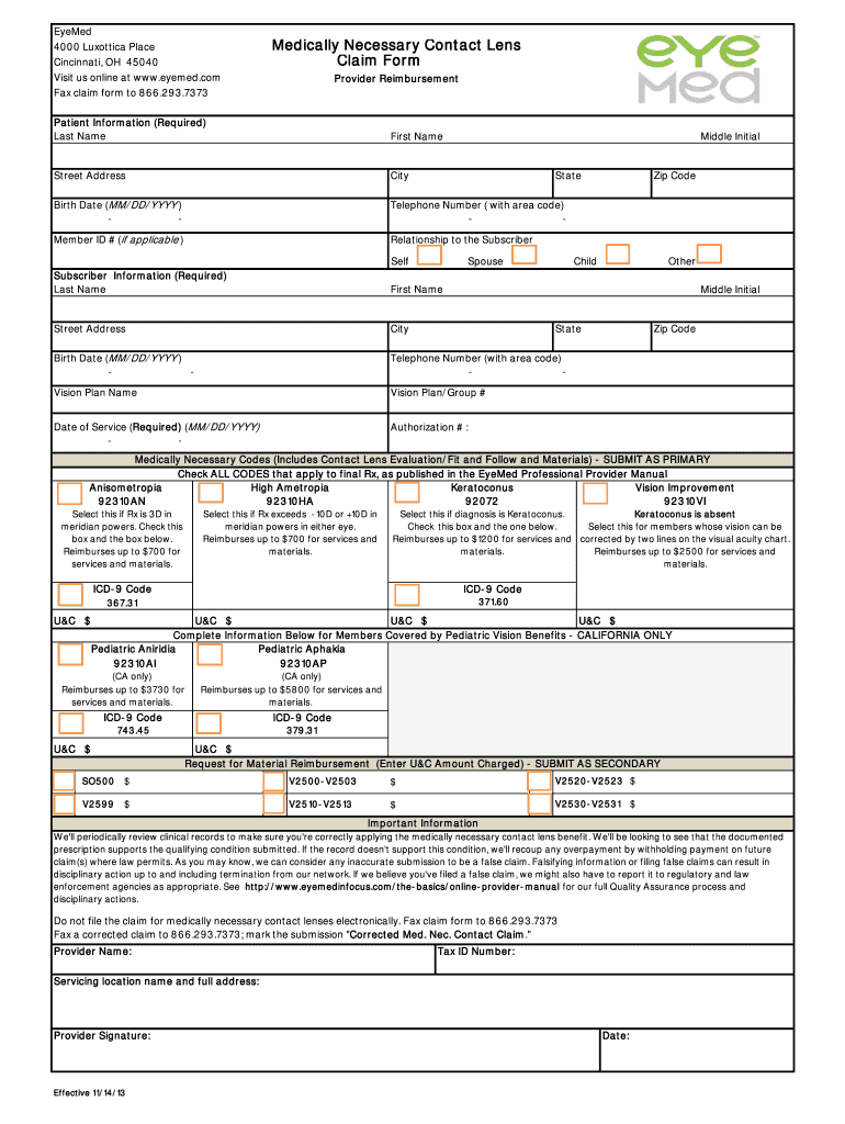 EyeMed Medically Necessary Contact Lens Claim Form 2013 2021 Fill And