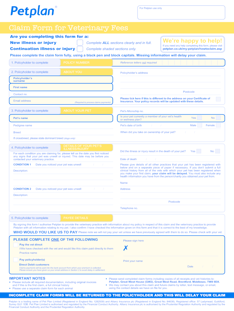 Fill Edit And Print Fill And Get Pet Plan Claim Form For Veterinary 