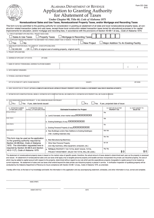 Fillable Application To Granting Authority For Abatement Of Taxes 