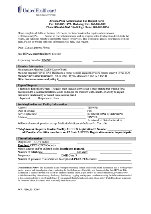 Fillable Arizona Prior Authorization Fax Request Form