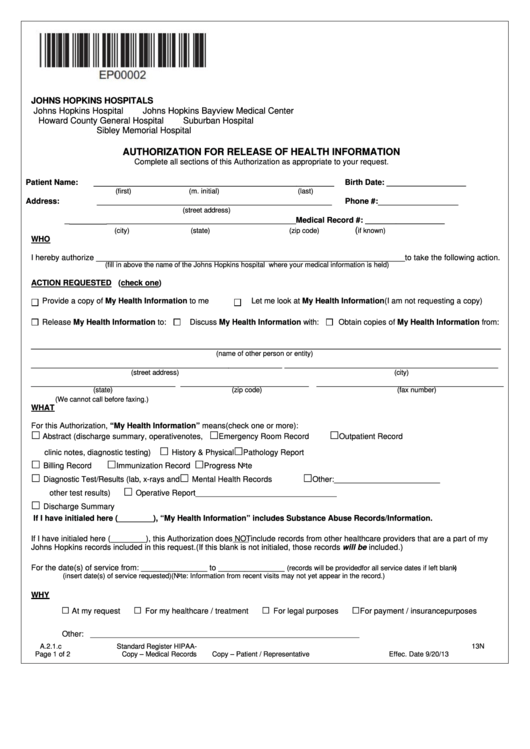 Fillable Authorization For Release Of Health Information Printable Pdf 
