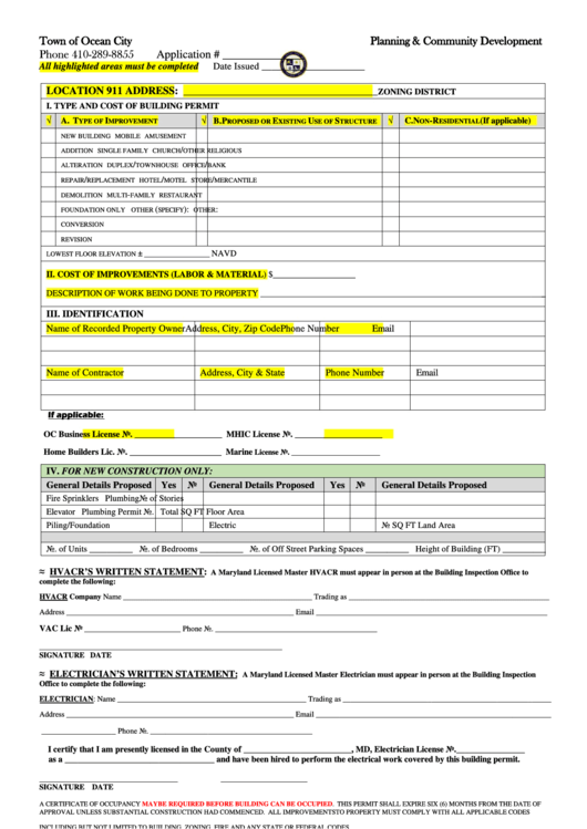 Fillable Building Permit Form Town Of Ocean City Planning