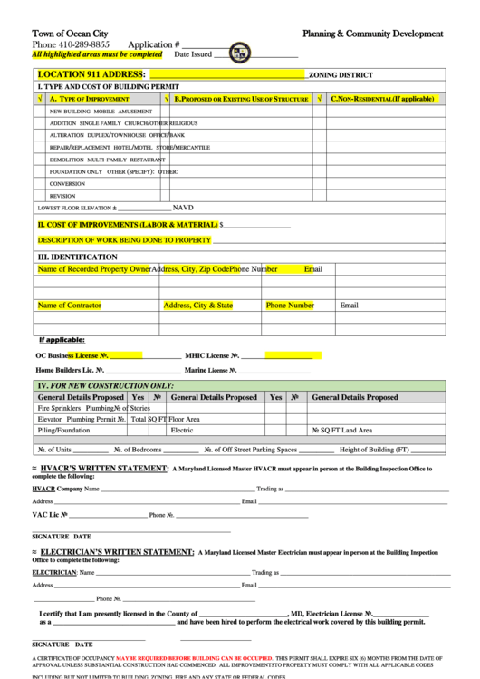 Fillable Building Permit Form Town Of Ocean City Planning 