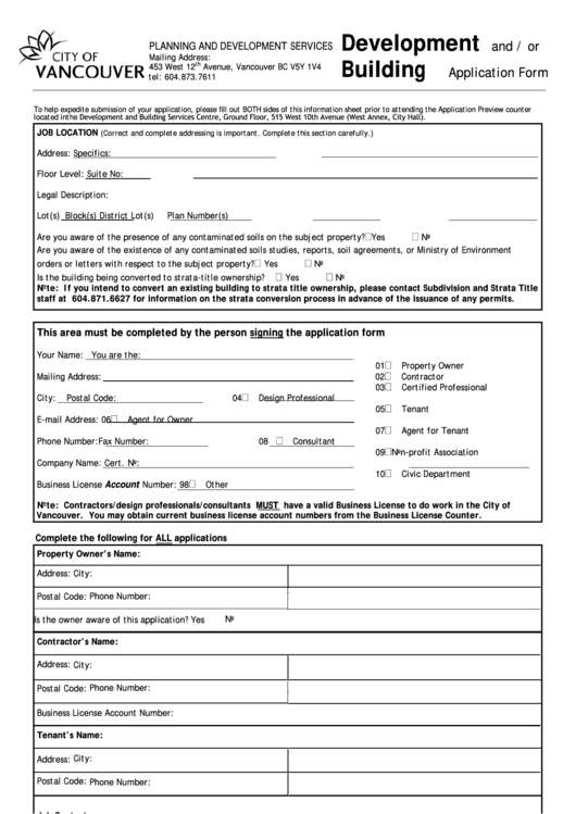 Fillable City Of Vancouver Development And Building Application Form 