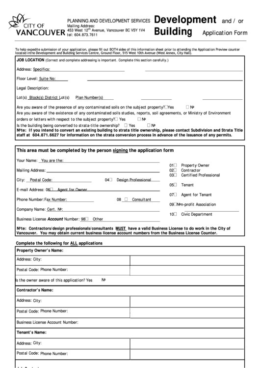 Fillable City Of Vancouver Development And Building Application Form