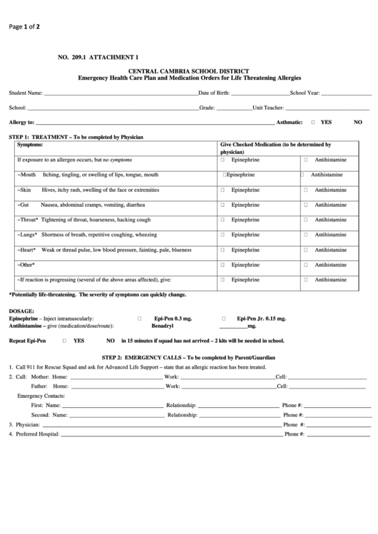 Fillable Form 209 1 Emergency Health Care Plan And Medication Orders 