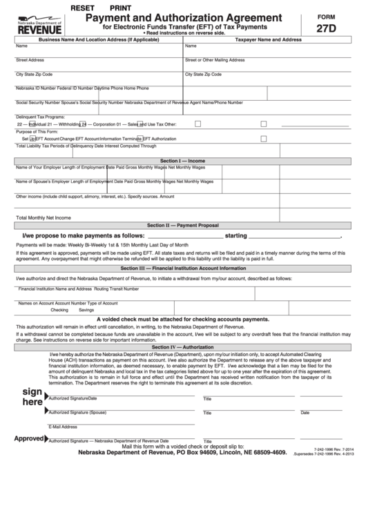 Fillable Form 27d Nebraska Payment And Authorization Agreement