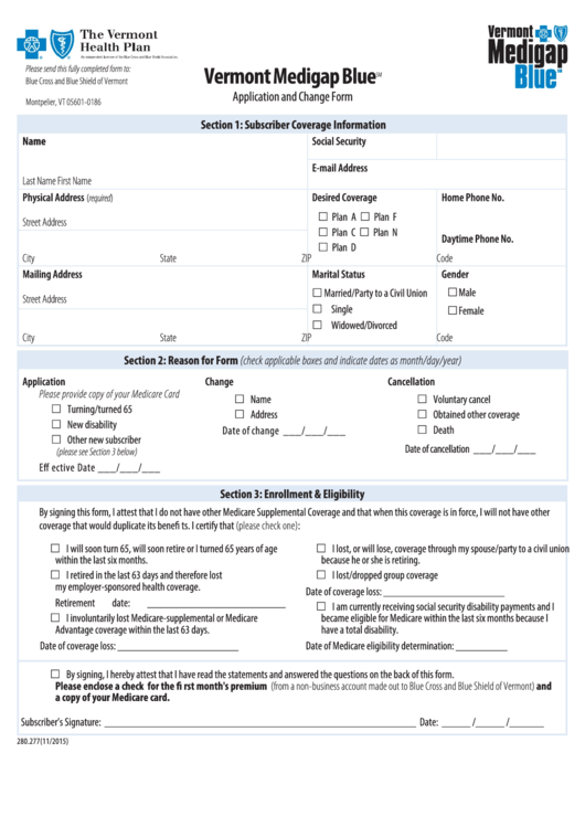 Fillable Form 280 277 Bcbs Vermont Medigap Blue Application And 