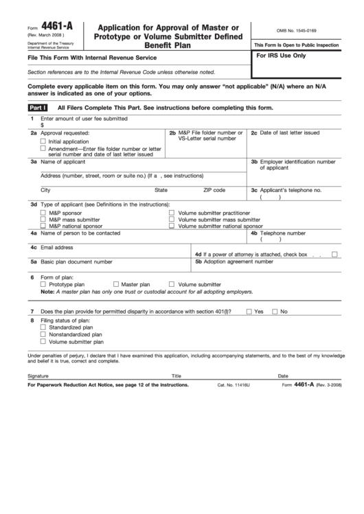 Fillable Form 4461 A Application For Approval Of Master Or Prototype