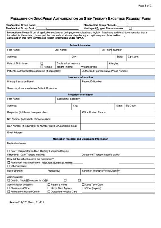 Fillable Form 61 211 Prescription Drug Prior Authorization Request 
