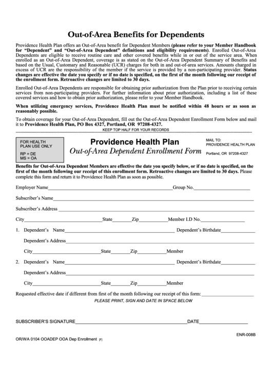 Fillable Form Enr 008b Out Of Area Benefits For Dependents Template 