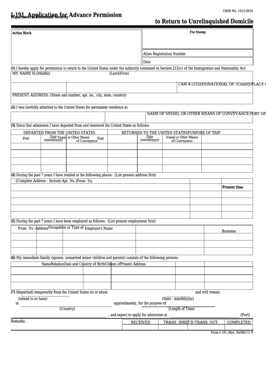 Fillable Form I 191 Application For Advance Permission To Return To 