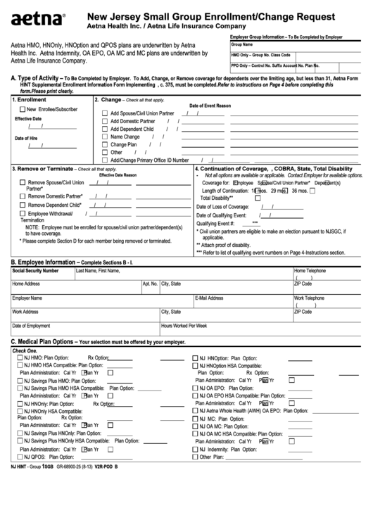 Fillable Form Nj Hint New Jersey Enrollment change Request Aetna