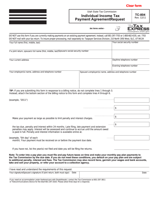 Fillable Form Tc 804 Individual Income Tax Payment Agreement Request 