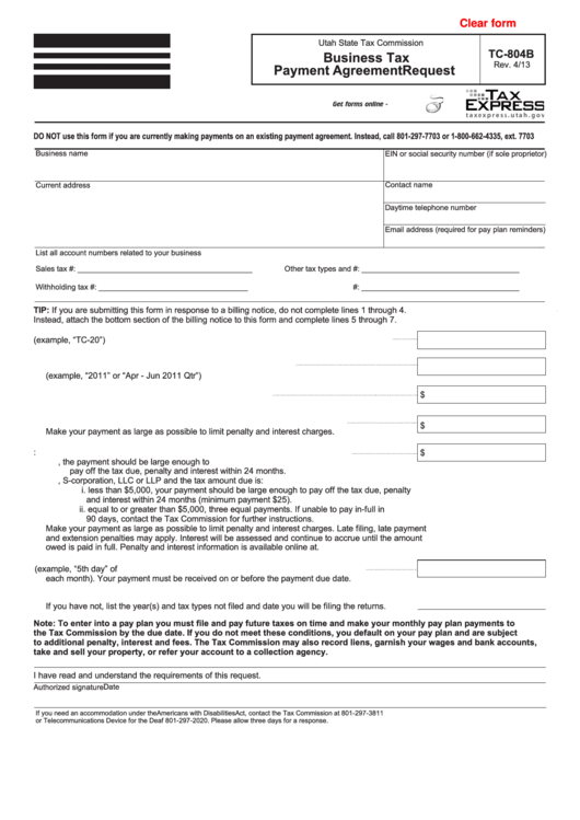 Fillable Form Tc 804b Business Tax Payment Agreement Request
