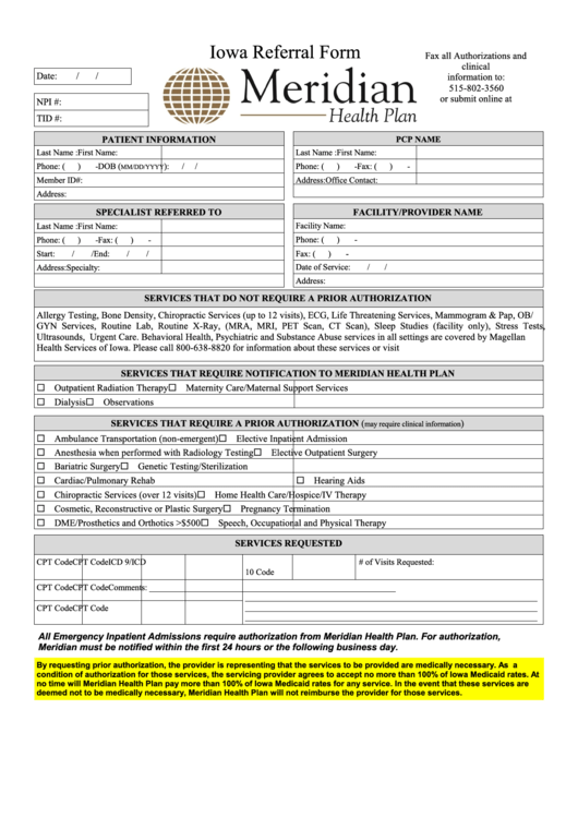 Fillable Iowa Referral Form Meridian Health Plan Printable Pdf Download