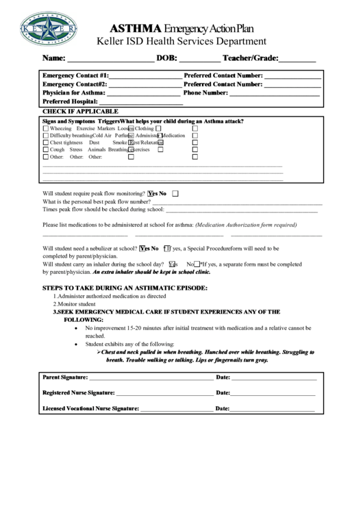 Fillable Keller Asthma Emergency Action Plan Printable Pdf Download