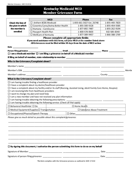 Fillable Kentucky Medicaid Mco Member Grievance Form Printable Pdf Download