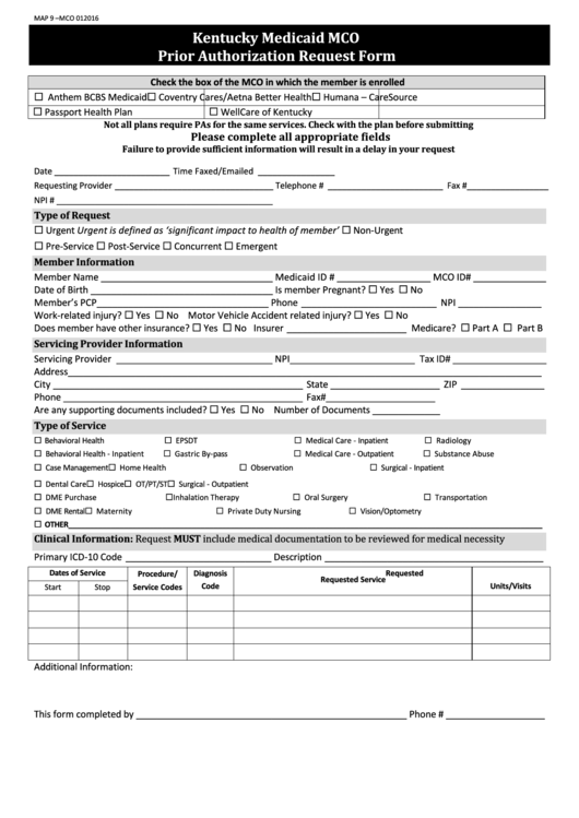 Fillable Kentucky Medicaid Mco Prior Authorization Request Form 