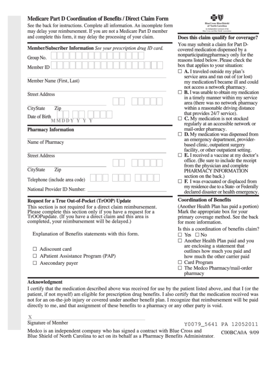 Fillable Medicare Part D Coordination Of Benefits Direct Claim Form