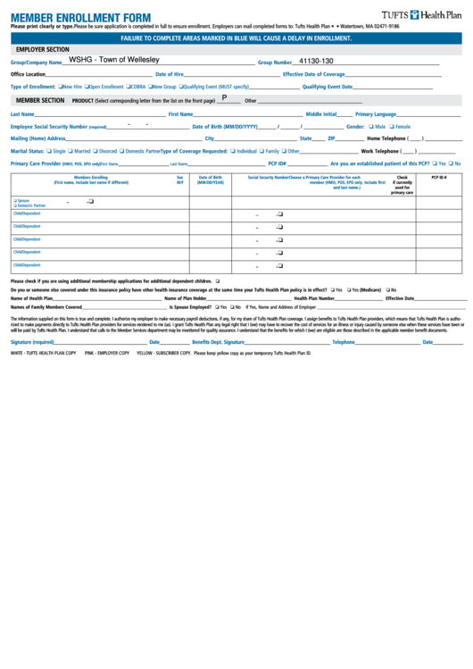 Fillable Member Enrollment Form Tufts Health Plan Printable Pdf Download