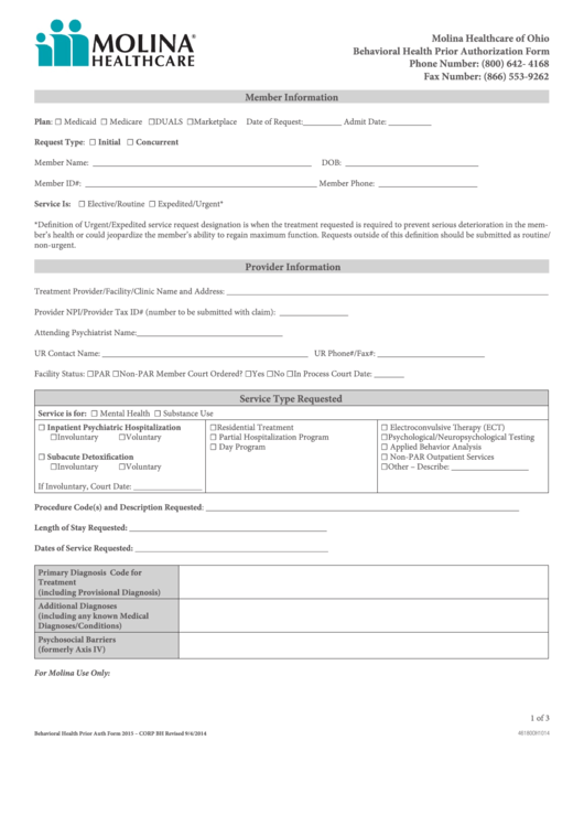 Fillable Molina Behavioral Health Prior Authorization Form Ohio 