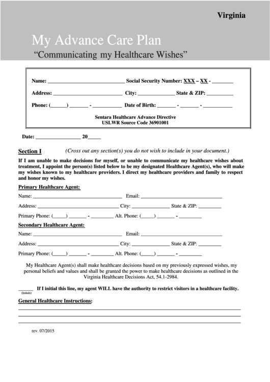 Fillable My Advance Care Plan Form Printable Pdf Download