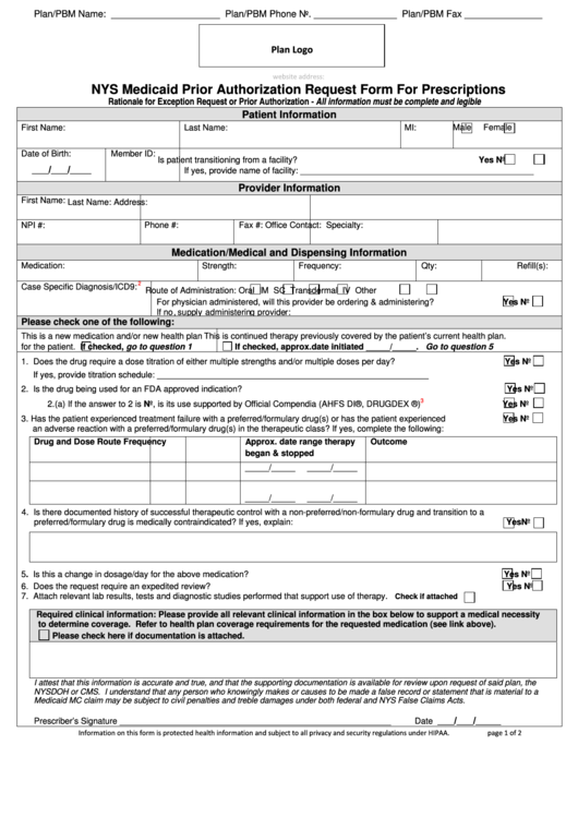 Fillable Nys Medicaid Prior Authorization Request Form For