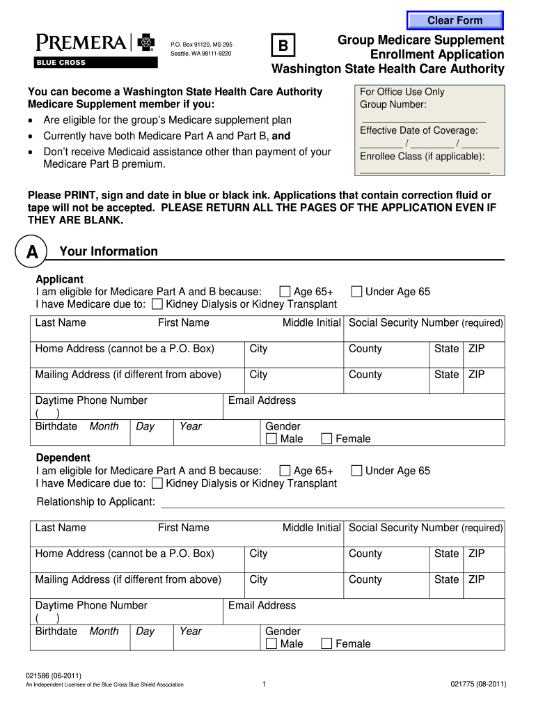 Fillable Online Hca Wa Medicare Supplement Plan F Form B Health 