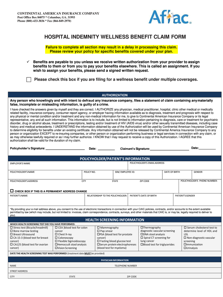 Aflac Hospital Indemnity Plan Wellness Benefit Claim Form 4802