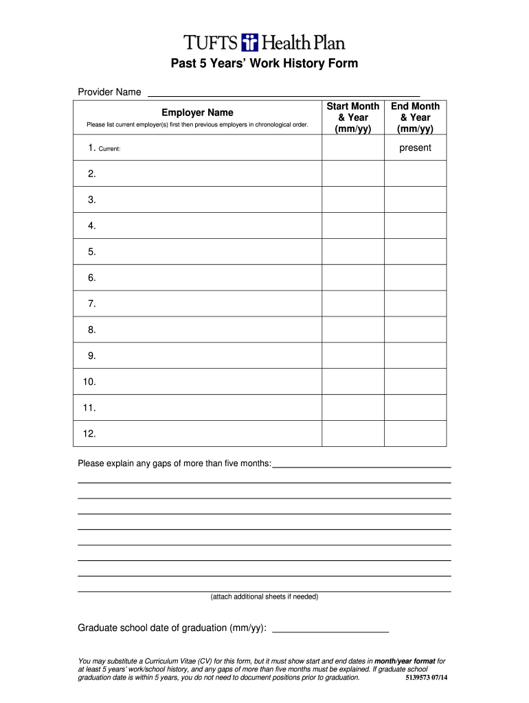 Fillable Online Past 5 Years Work History Form Tufts Health Plan Fax 