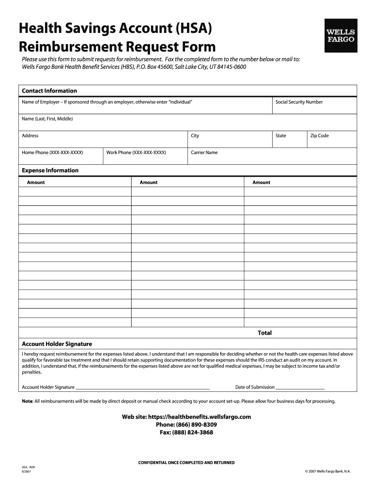 Fillable Online Wells Fargo Hsa Reimbursement Form Fax Email Print 