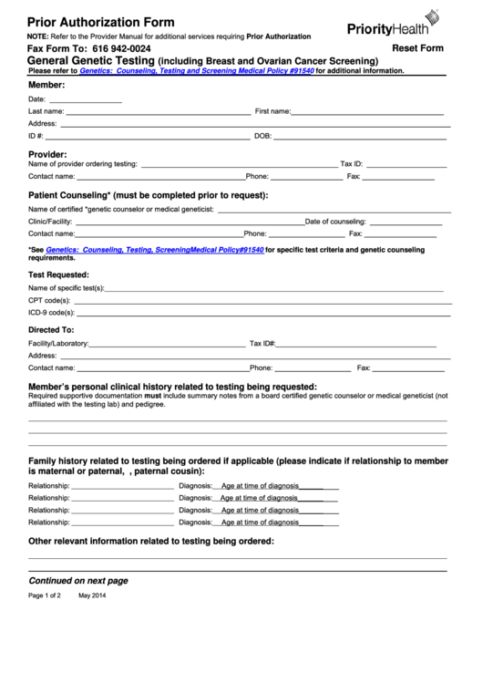 Fillable Prior Authorization Form Priority Health Printable Pdf Download