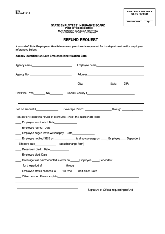 Fillable Refund Request Form State Employees Insurance Board 