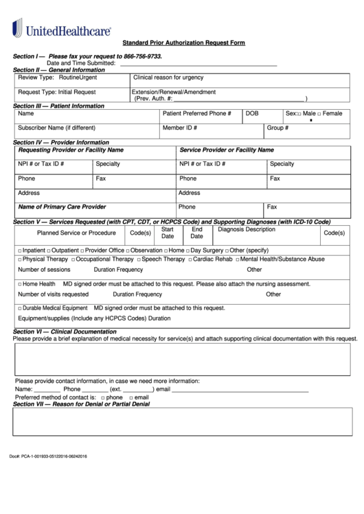 Fillable Standard Prior Authorization Request Form United Healthcare 