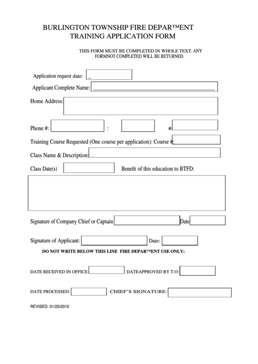 Fillable Training Application Burlington Township Fire Department