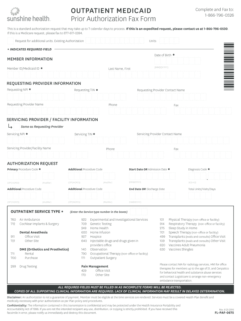 FL Sunshine State Health Plan Prior Authorization Fax Form 2016 2021